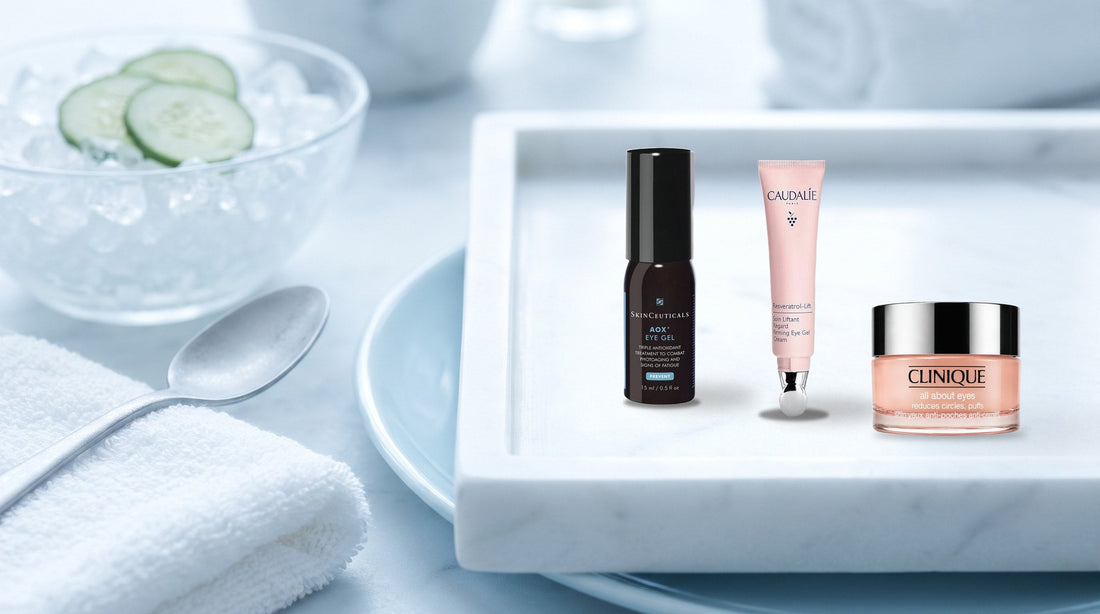 SkinCeuticals AOX+ Eye Gel, Caudalie Resveratrol-Lift Depuffing Eye Cream and Clinique All About Eyes - DermStreet