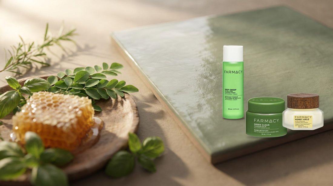 Farmacy Deep Sweep 2% BHA Toner, Green Clean Cleansing Balm and Honey Halo Ceramide Moisturizer - DermStreet